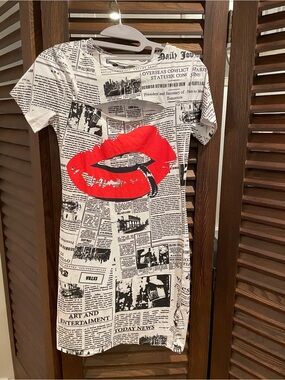 Newspaper Print Tee Dress with Red Lip Graphic